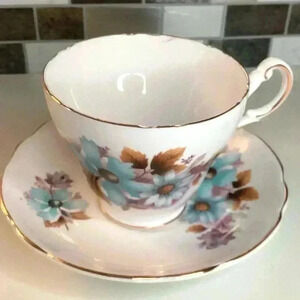 Vintage Regency English Bone China Teacup & Saucer England Blue Flowers Floral